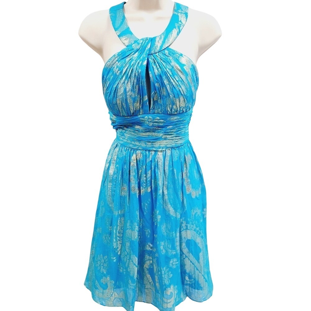 Aidan Mattox Blue Gold‎ Silk Metallic Halter Cocktail Dress 2 Turquoise Floral